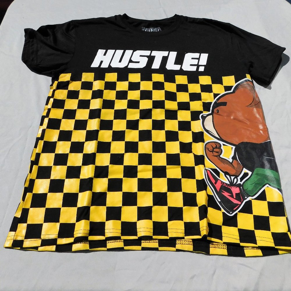 Hustle  black Fresh Laundry tee shirt, Poly/cotton, Large, Yellow Checkers,